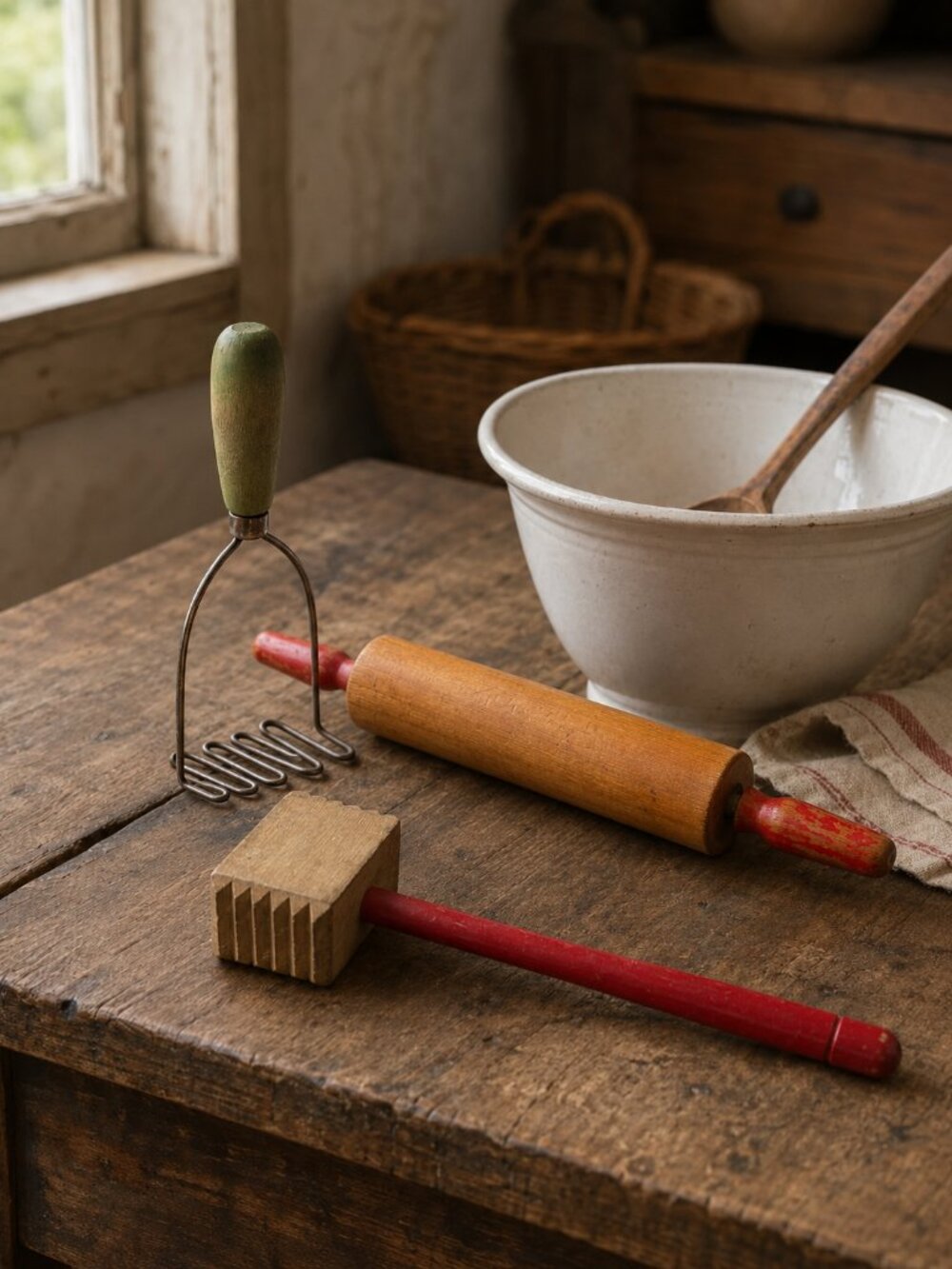Vintage Kitchen Utensil Lot- Rolling Pin Potato Masher Wooden Mallet Farmhouse